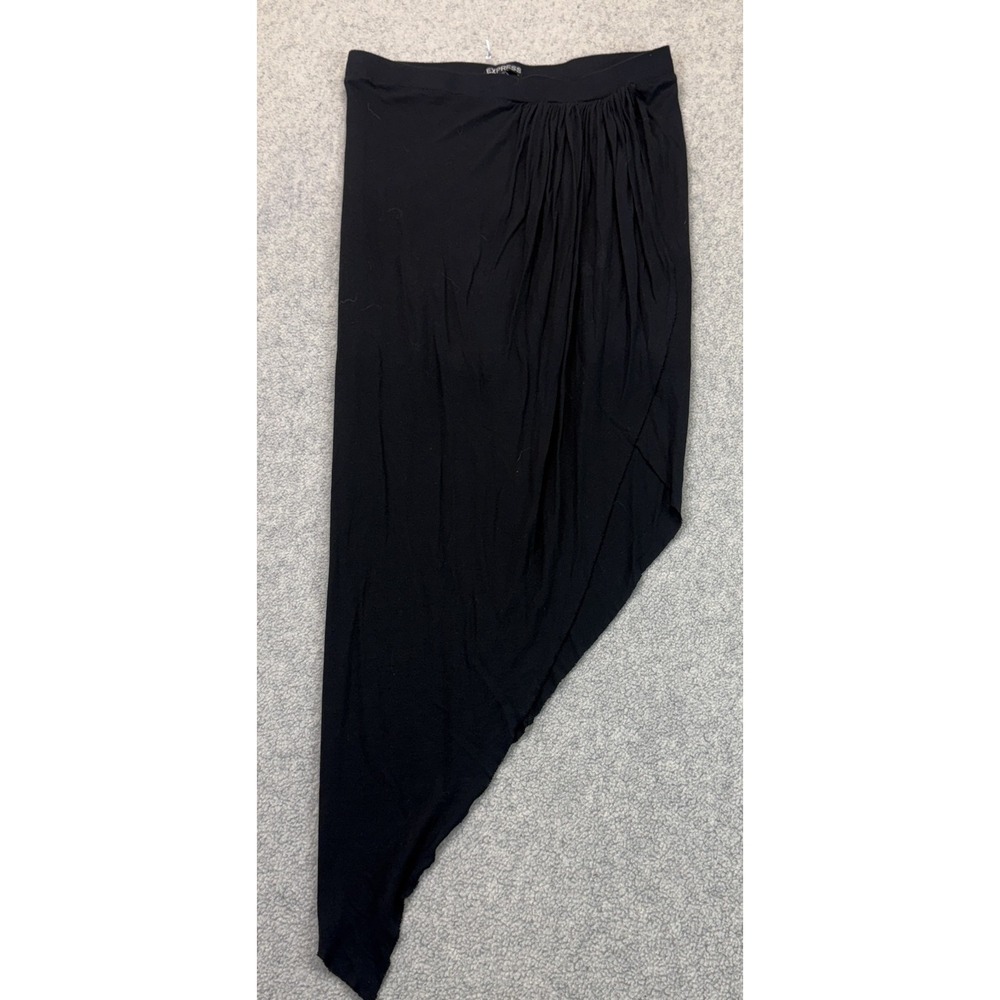 Express Womens Asymmetrical Draped Maxi Skirt Black Elastic Waist Minimalist S